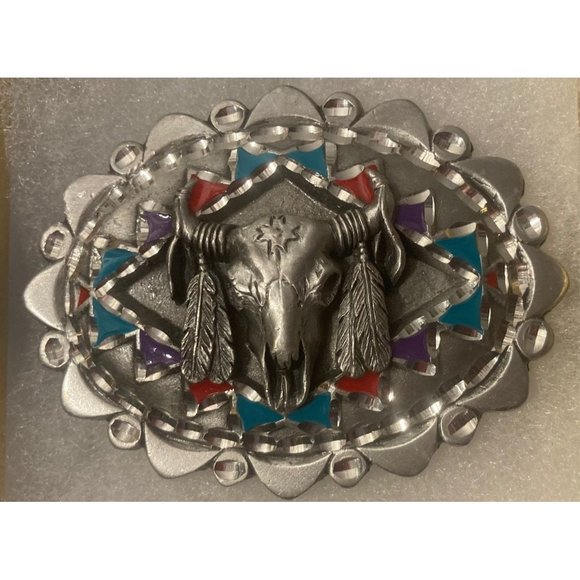 Vintage 1996 Metal Belt Buckle, Native Design, Bull Skull, Blue and Red, - Picture 2 of 5